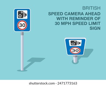 Normas de regulación del tráfico. Señal aislada británica de "cámara de velocidad delante con recordatorio de límite de velocidad de 30 mph". Vista frontal y superior. Plantilla de Ilustración vectorial plana.