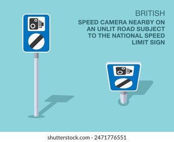 Traffic regulation rules. Isolated British "speed camera nearby on an unlit road subject to the national speed limit" road sign. Front and top view. Flat vector illustration template.