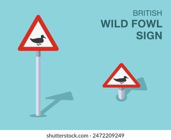 Traffic regulation rules. Isolated British "wild fowl" road sign. Front and top view. Flat vector illustration template.