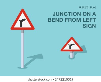 Traffic regulation rules. Isolated British "junction on a bend from left" road sign. Front and top view. Flat vector illustration template.
