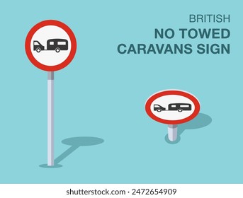 Traffic regulation rules. Isolated British "no towed caravans" road sign. Front and top view. Flat vector illustration template.