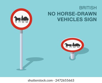 Traffic regulation rules. Isolated British "no horse-drawn vehicles" road sign. Front and top view. Flat vector illustration template.