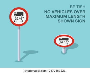 Traffic regulation rules. Isolated British "no vehicles over maximum length shown" road sign. Front and top view. Flat vector illustration template.