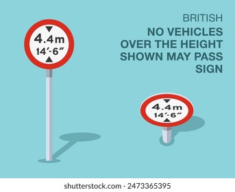 Traffic regulation rules. Isolated British "no vehicles over the height shown may pass" road sign. Front and top view. Flat vector illustration template.