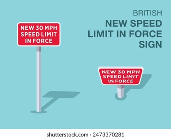 Traffic regulation rules. Isolated British "new 30 mph speed limit in force" road sign. Front and top view. Flat vector illustration template.