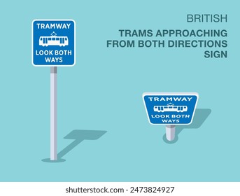 Traffic regulation rules. Isolated British "trams approaching from both directions" road sign. Front and top view. Flat vector illustration template.