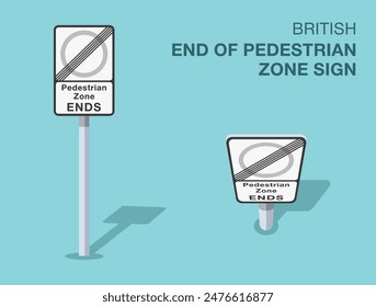 Traffic regulation rules. Isolated British "end of pedestrian zone" road sign. Front and top view. Flat vector illustration template.