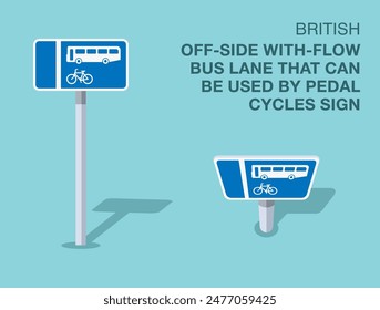 Traffic regulation rules. Isolated British "off-side with-flow bus lane that can be used by pedal cycles" road sign. Front and top view. Flat vector illustration template.