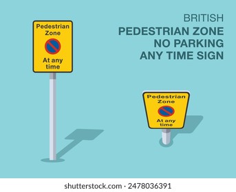 Traffic regulation rules. Isolated British "pedestrian zone, no parking any time" road sign. Front and top view. Flat vector illustration template.