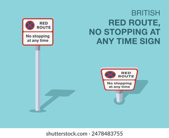 Traffic regulation rules. Isolated British "red route, no stopping at any time" road sign. Front and top view. Flat vector illustration template.