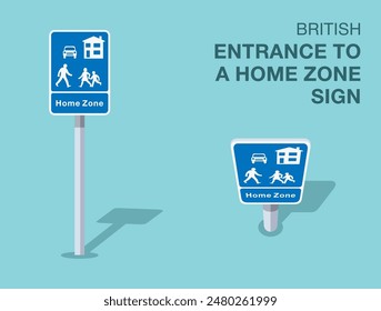 Traffic regulation rules. Isolated British "entrance to a home zone" road sign. Front and top view. Flat vector illustration template.