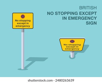 Traffic regulation rules. Isolated British "no stopping except in emergency" road sign. Front and top view. Flat vector illustration template.