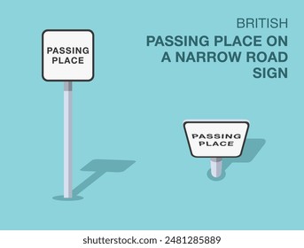 Traffic regulation rules. Isolated British "passing place on a narrow road" sign. Front and top view. Flat vector illustration template.