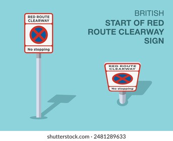 Traffic regulation rules. Isolated British "start of red route clearway" road sign. Front and top view. Flat vector illustration template.