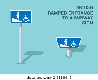 Traffic regulation rules. Isolated British "ramped entrance to a subway" road sign. Front and top view. Flat vector illustration template.