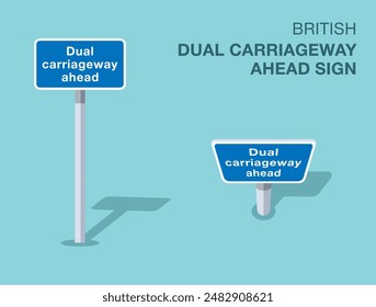 Traffic regulation rules. Isolated British "dual carriageway ahead" road sign. Front and top view. Flat vector illustration template.