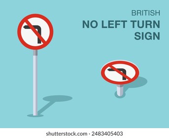 Traffic regulation rules. Isolated British "no left turn" road sign. Front and top view. Flat vector illustration template.