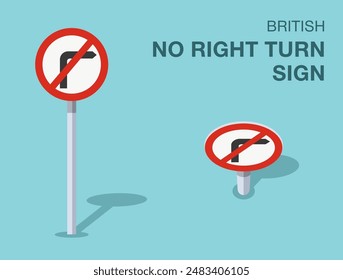 Traffic regulation rules. Isolated British "no right turn" road sign. Front and top view. Flat vector illustration template.