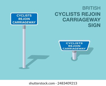 Traffic regulation rules. Isolated British "cyclists rejoin carriageway" road sign. Front and top view. Flat vector illustration template.