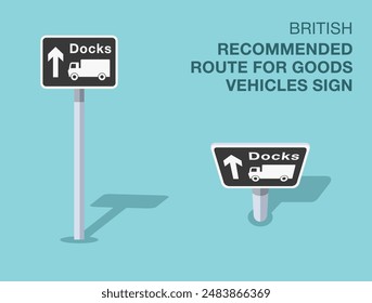 Traffic regulation rules. Isolated British "recommended route for goods vehicles" road sign. Front and top view. Flat vector illustration template.