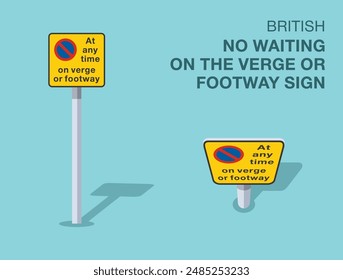 Traffic regulation rules. Isolated British "no waiting on the verge or footway" road sign. Front and top view. Flat vector illustration template.