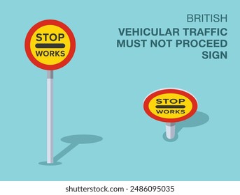 Traffic regulation rules. Isolated British "vehicular traffic must not proceed" sign. Front and top view. Flat vector illustration template.