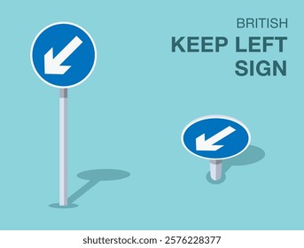 Traffic regulation rules. Isolated British "keep left" road sign. Front and top view. Flat vector illustration template.