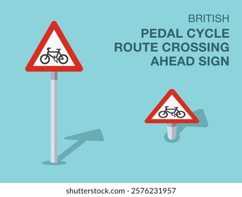 Traffic regulation rules. Isolated British "pedal cycle route crossing ahead" road sign. Front and top view. Flat vector illustration template.