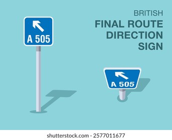 Traffic regulation rules. Isolated British "final route direction" road sign. Front and top view. Flat vector illustration template