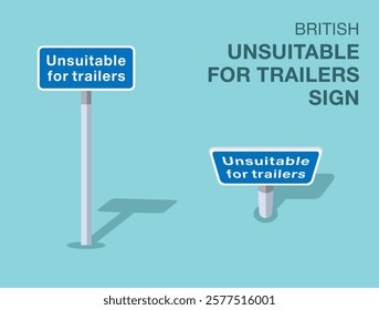 Traffic regulation rules. Isolated British "unsuitable for trailers" road sign. Front and top view. Flat vector illustration template.