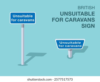 Traffic regulation rules. Isolated British "unsuitable for caravans" road sign. Front and top view. Flat vector illustration template.