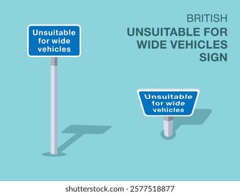 Traffic regulation rules. Isolated British "unsuitable for wide vehicles" road sign. Front and top view. Flat vector illustration template.