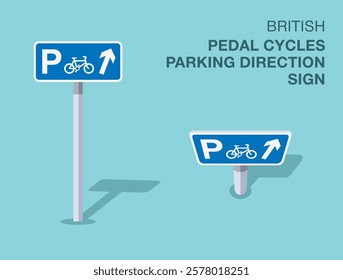 Traffic regulation rules. Isolated British "pedal cycles parking direction" road sign. Front and top view. Flat vector illustration template.