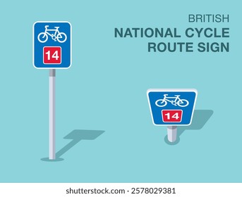 Traffic regulation rules. Isolated British "national cycle route" road sign. Front and top view. Flat vector illustration template.