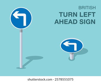 Traffic regulation rules. Isolated British "turn left ahead" road sign. Front and top view. Flat vector illustration template.