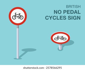 Traffic regulation rules. Isolated British "no pedal cycles" road sign. Front and top view. Flat vector illustration template.