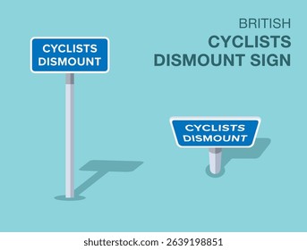 Traffic regulation rules. Isolated British "cyclists dismount" road sign. Front and top view. Flat vector illustration template.
