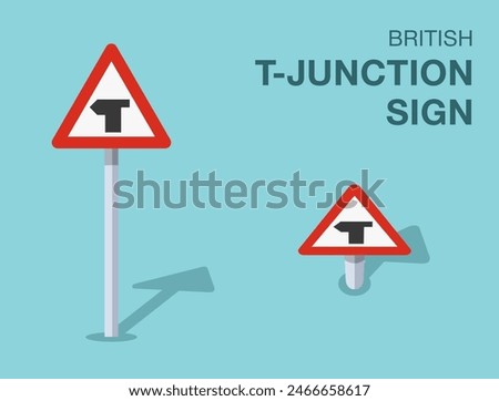 Traffic regulation rules. Isolated British "T-junction" road sign. Front and top view. Flat vector illustration template.