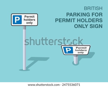 Traffic regulation rules. Isolated British "parking for permit holders only" road sign. Front and top view. Flat vector illustration template.