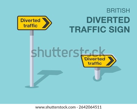 Traffic regulation rules. Isolated british "diverted traffic" road sign. Front and top view. Flat vector illustration template.
