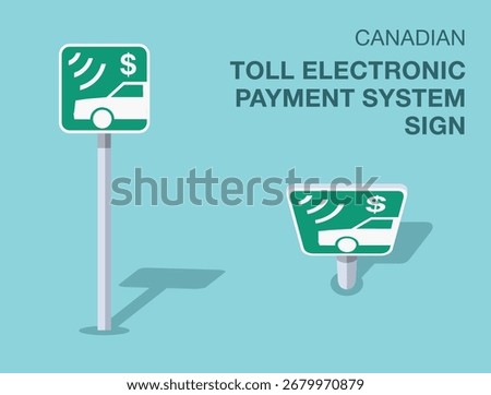 Traffic regulation rules. Isolated canadian "toll electronic payment system" road sign. Front and top view. Flat vector illustration template.