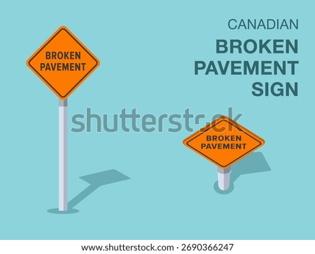 Traffic regulation rules. Isolated canadian "broken pavement" road sign. Front and top view. Flat vector illustration template.
