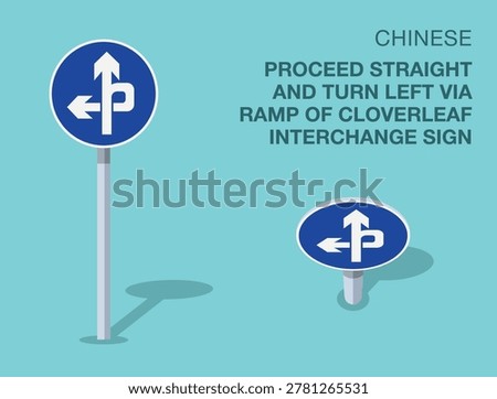 Traffic regulation rules. Isolated chinese "proceed straight and turn left via ramp of cloverleaf interchange" road sign. Front and top view. Flat vector illustration template.