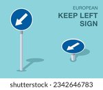 Traffic regulation rules. Isolated european keep left sign. Front and top view. Flat vector illustration template.