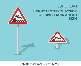 Traffic regulation rules. Isolated european unprotected quayside or riverbank ahead sign. Front and top view. Flat vector illustration template.