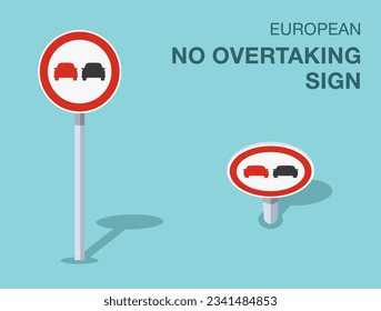 Traffic regulation rules. Isolated european no overtaking sign. Front and top view. Flat vector illustration template.