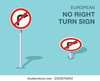 Traffic regulation rules. Isolated european no right turn sign. Front and top view. Flat vector illustration template.