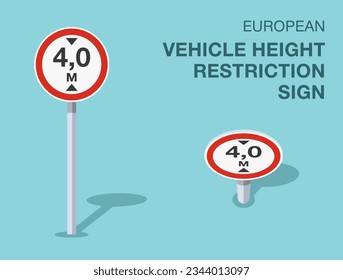 Traffic regulation rules. Isolated european vehicle height restriction sign. Front and top view. Flat vector illustration template.