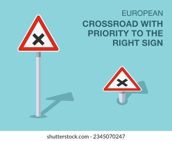 Traffic regulation rules. Isolated european crossroad with priority to the right sign. Front and top view. Flat vector illustration template.