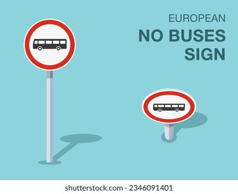 Traffic regulation rules. Isolated european no buses sign. Front and top view. Flat vector illustration template.